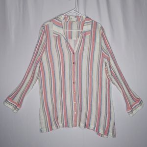 Soft Surroundings Top 2X Women Gauzy Button Collar Long Sleeve Multicolor Stripe